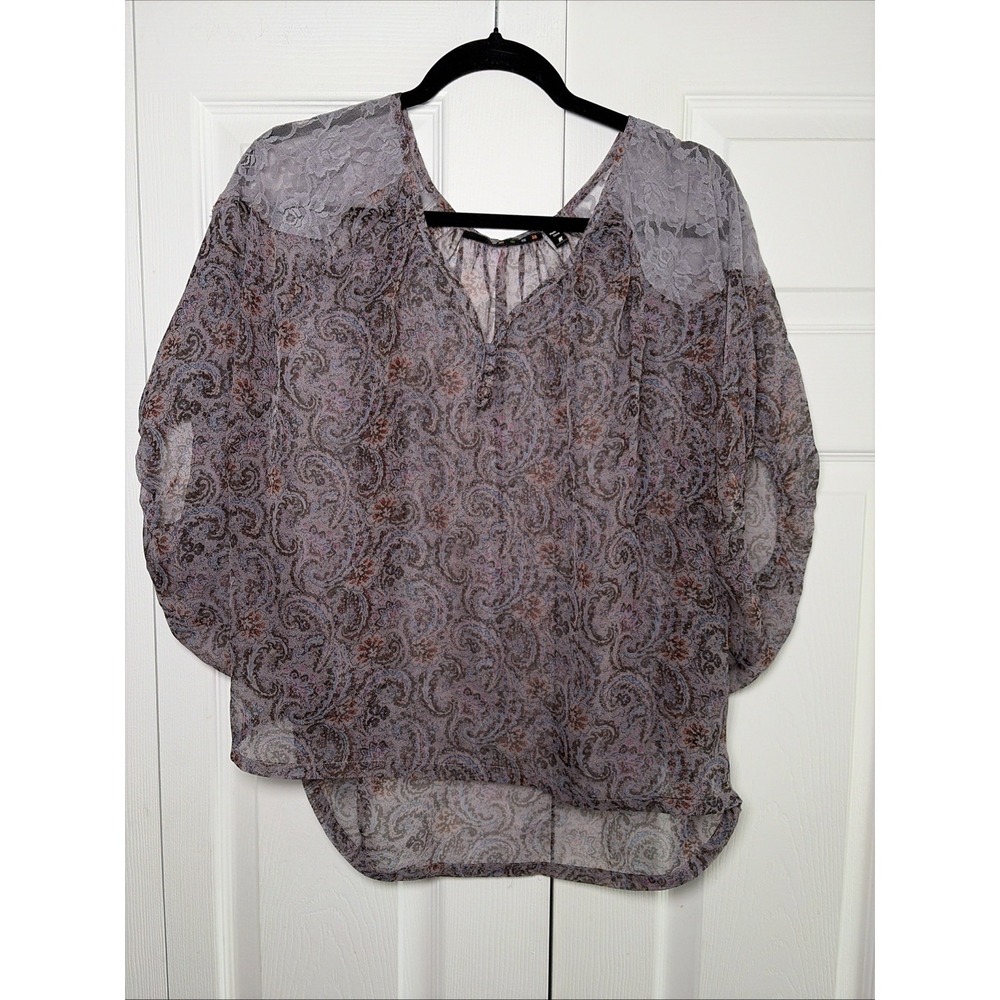 Paisley Lace Blouse Womens Size M Purple Boho Sheer Dolman Sleeve Chiffon